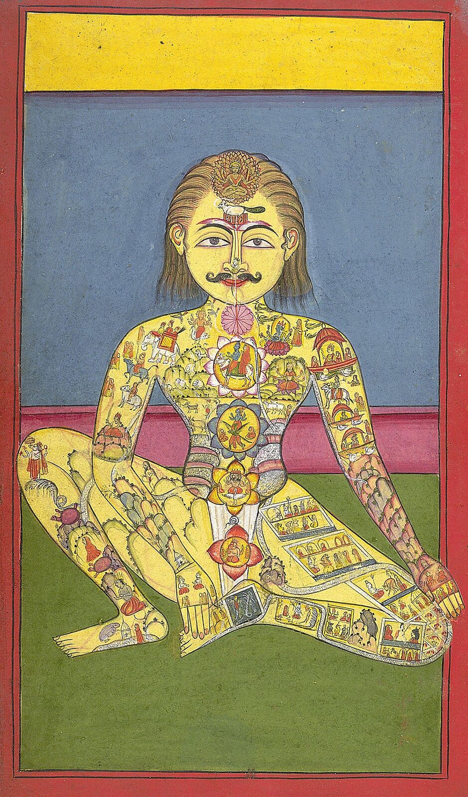 Pintura tradicional india de una figura sentada con los siete chakras representados como lotos de colores a lo largo del cuerpo.