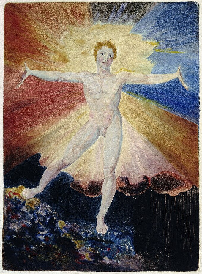 Pintura de una figura humana con los brazos abiertos, irradiando luz de colores a su alrededor.