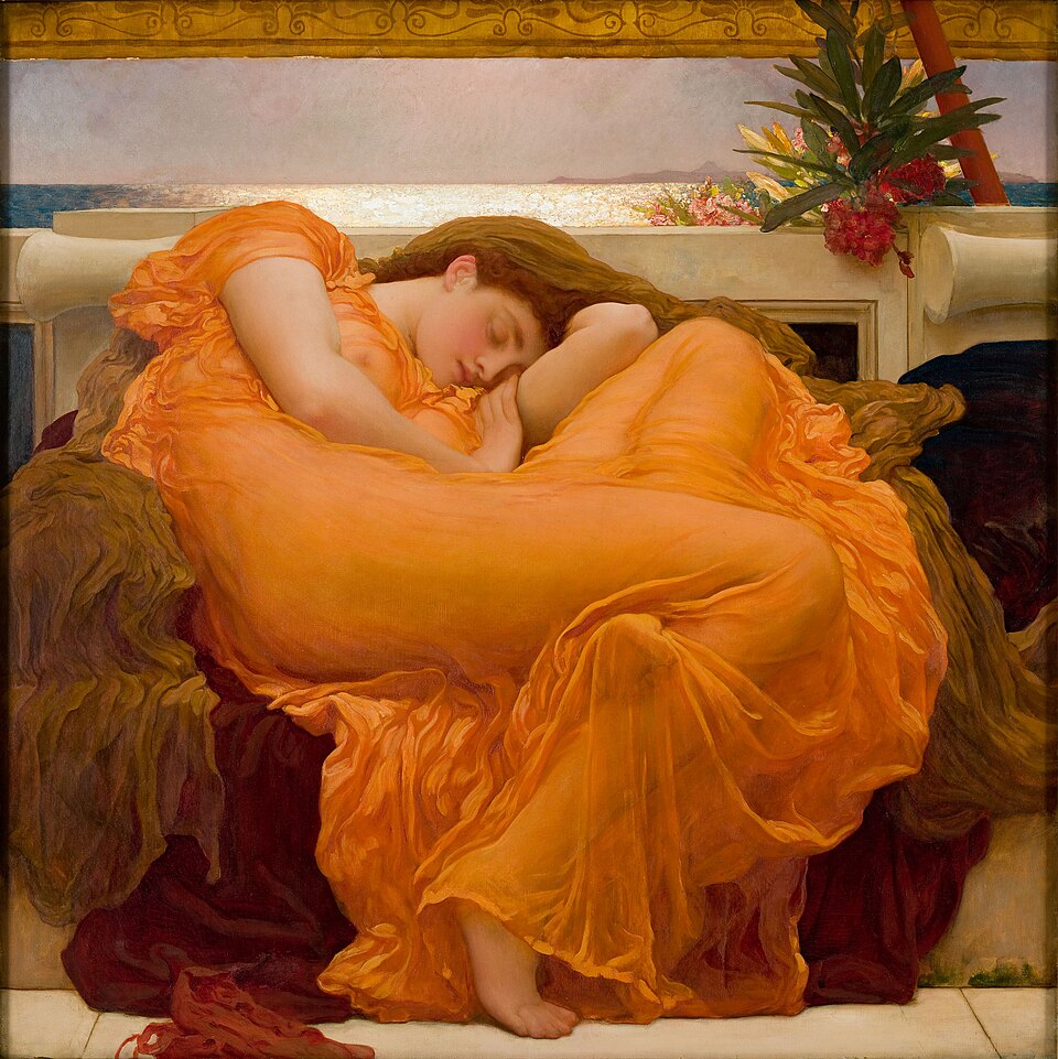 Pintura de una mujer dormida, recostada y envuelta en una tela naranja.
