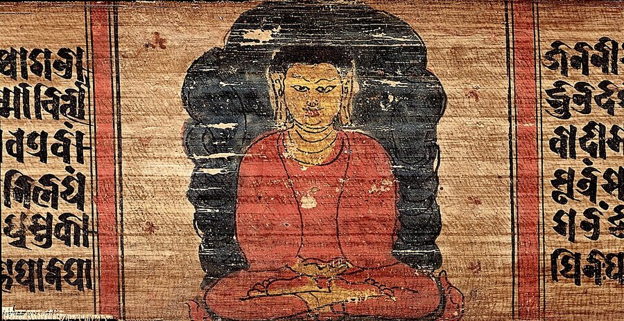 Figura en meditación sentada, con las piernas cruzadas y las manos en el regazo, en una pintura sobre manuscrito.