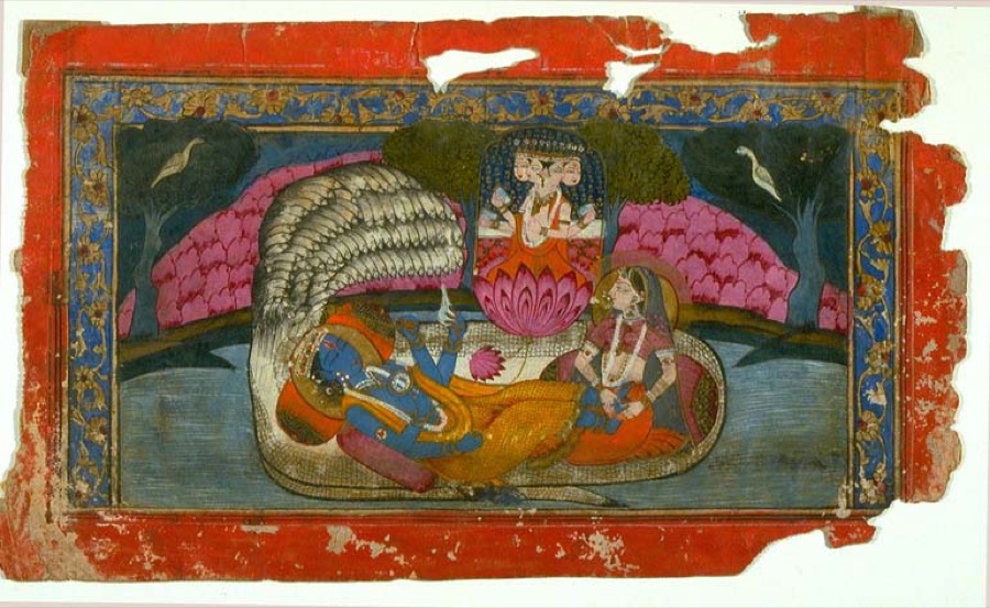 Miniatura india antigua de Vishnu recostado sobre la serpiente cósmica Shesha, en reposo.