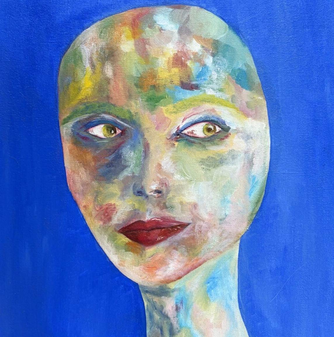 Cocobite — óleo sobre lienzo de Nuza, retrato sobre fondo azul